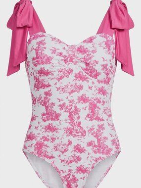 SHEIN Pink Toile de Jouy Bow Shoulder Bodysuit Balletcore Coquette Romantic